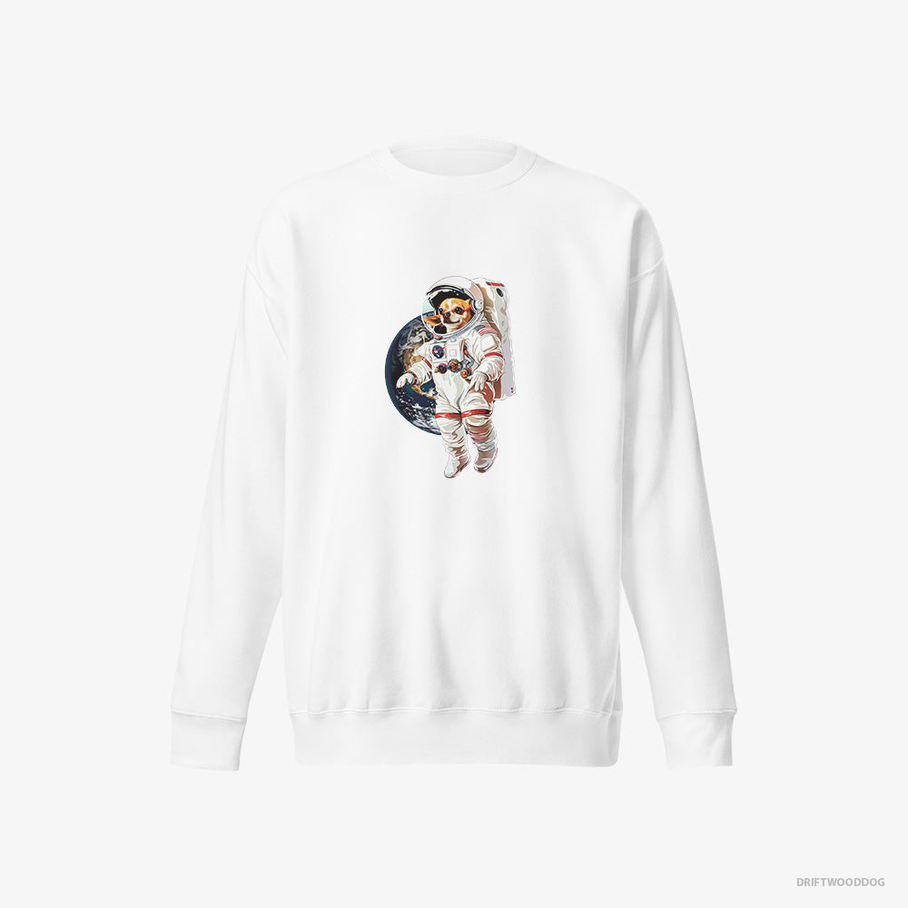 Chihuahua Sweatshirt – Men White Sweatshirt Eco-Friendly – in a Spaceship Mission (on White Background)