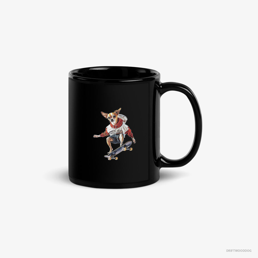 Chihuahua Mug – Unisex Black Mug Classic – Mastering Skateboard Tricks (on White Background)