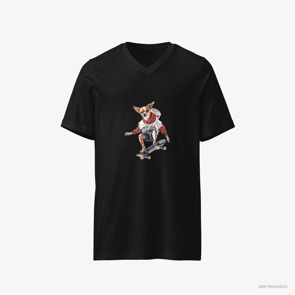 Chihuahua T-Shirt – Men Black T-Shirt V-Neck – Mastering Skateboard Tricks (on White Background)