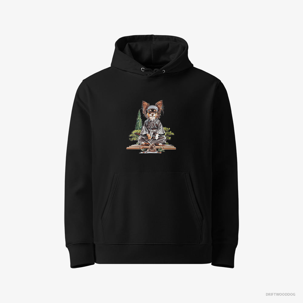 Chihuahua Hoodie – Women Black Hoodie Eco-Friendly – Meditating in a Serene Zen Garden (on White Background)