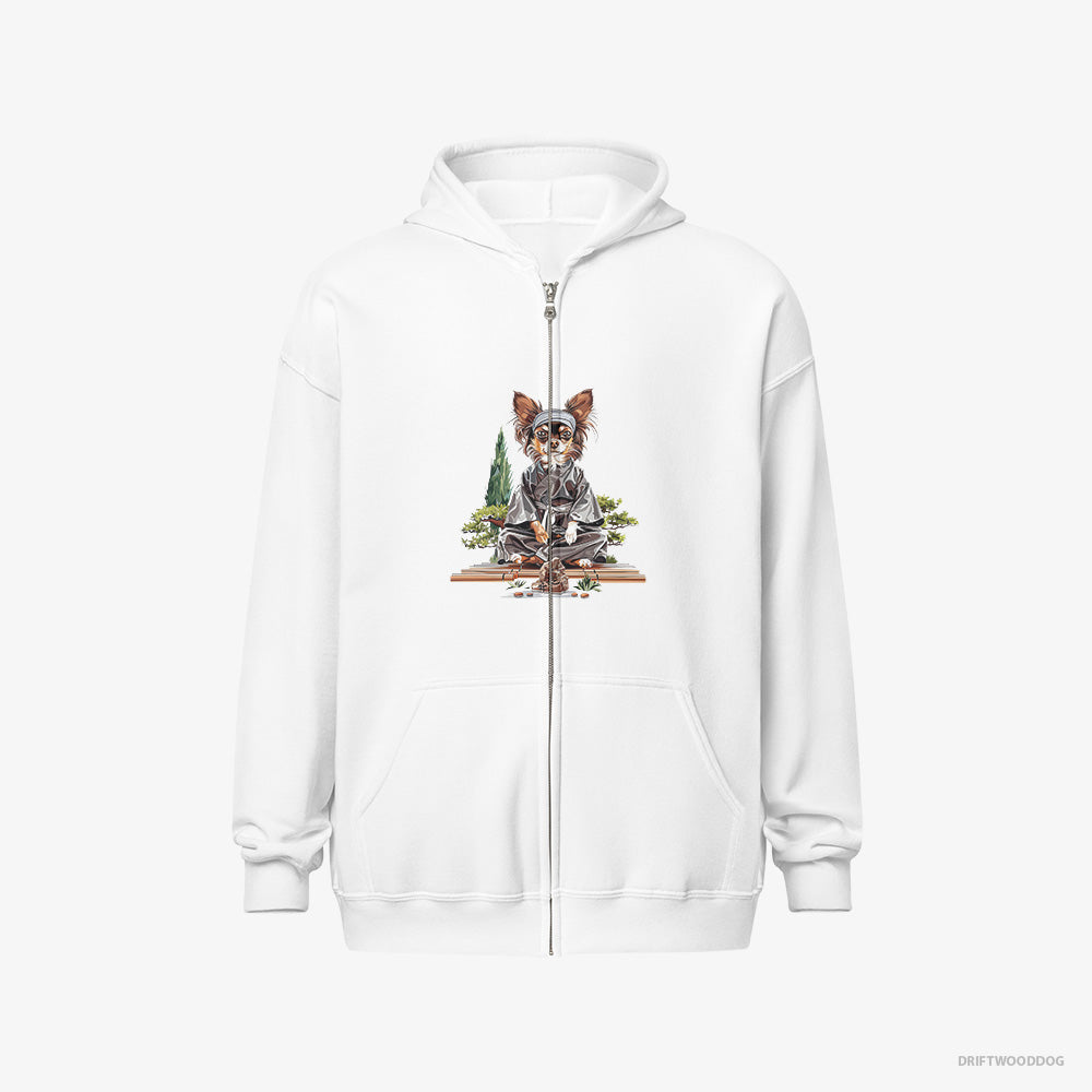 Chihuahua Hoodie – Men White Hoodie Full-Zip – Meditating in a Serene Zen Garden (on White Background)