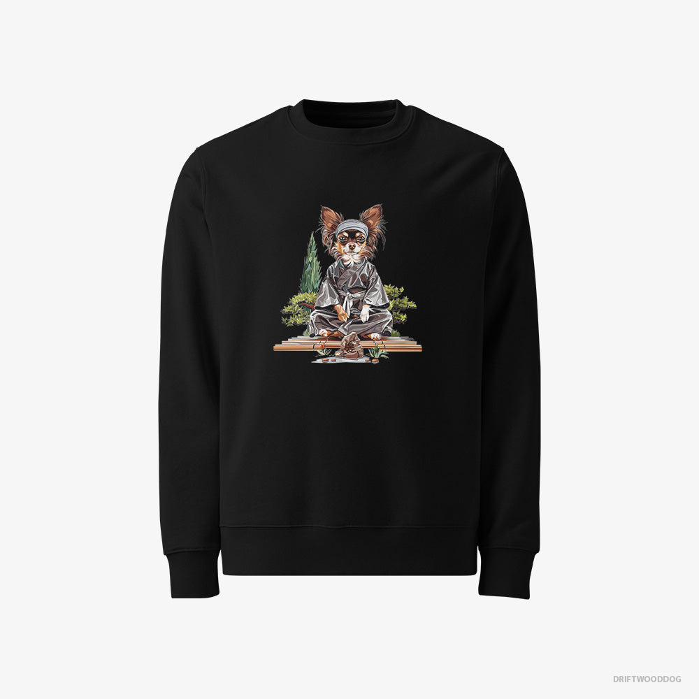 Chihuahua Sweatshirt – Men Black Sweatshirt Classic – Meditating in a Serene Zen Garden (on White Background)