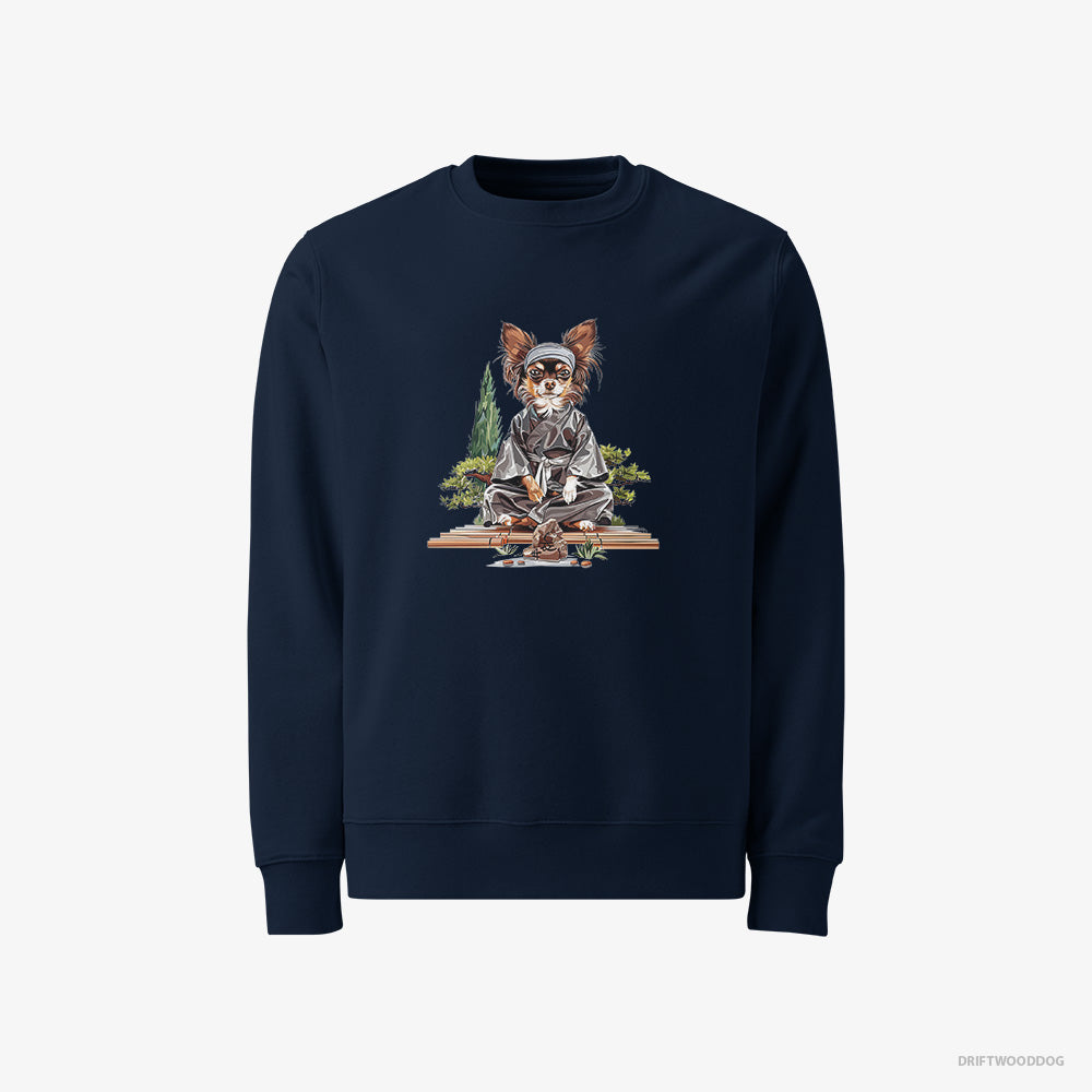 Chihuahua Sweatshirt – Men Navy Sweatshirt Classic – Meditating in a Serene Zen Garden (on White Background)