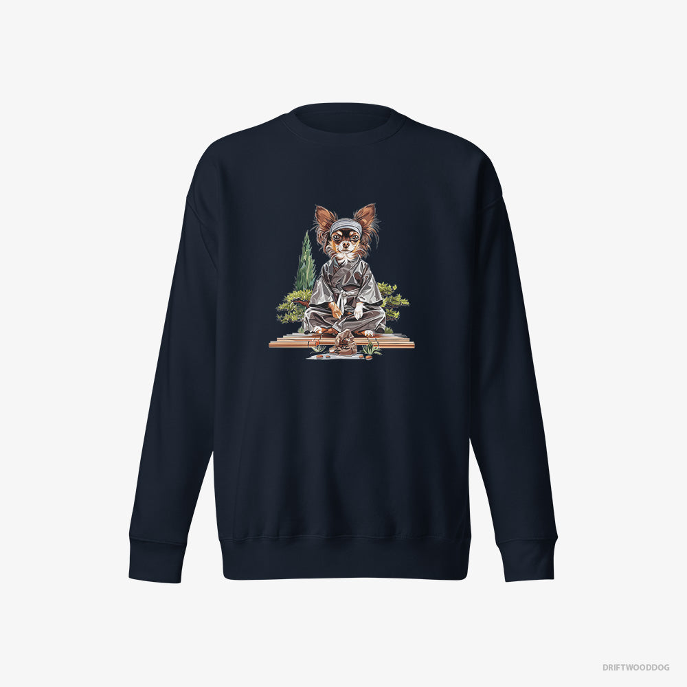 Chihuahua Sweatshirt – Women Navy Sweatshirt Eco-Friendly – Meditating in a Serene Zen Garden (on White Background)