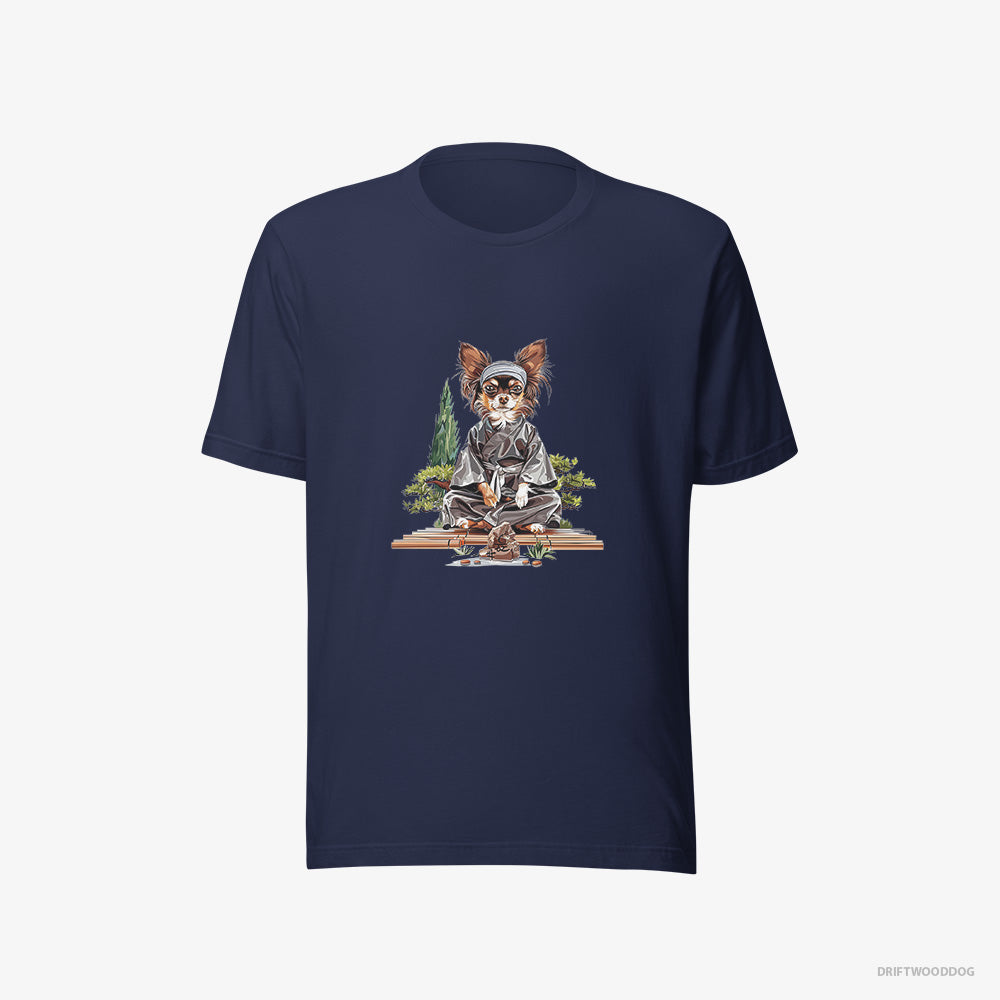 Chihuahua T-Shirt – Women Navy T-Shirt Eco-Friendly – Meditating in a Serene Zen Garden (on White Background)