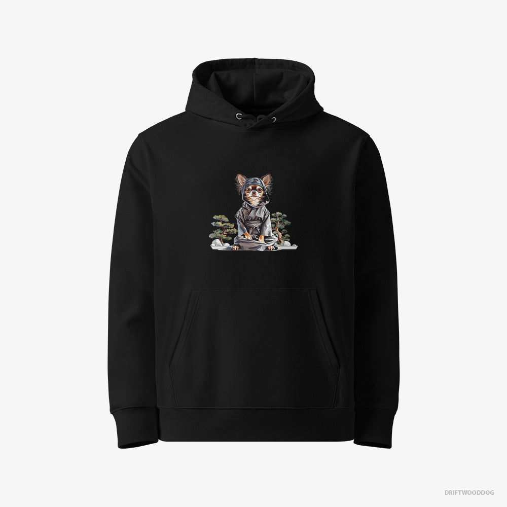 Chihuahua Hoodie – Women Black Hoodie Eco-Friendly – Meditating Among Japanese Flora (on White Background)