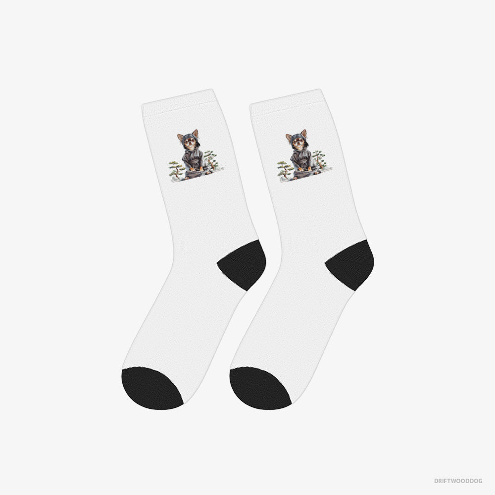 Chihuahua Socks – Unisex White Socks Classic – Meditating Among Japanese Flora (on White Background)