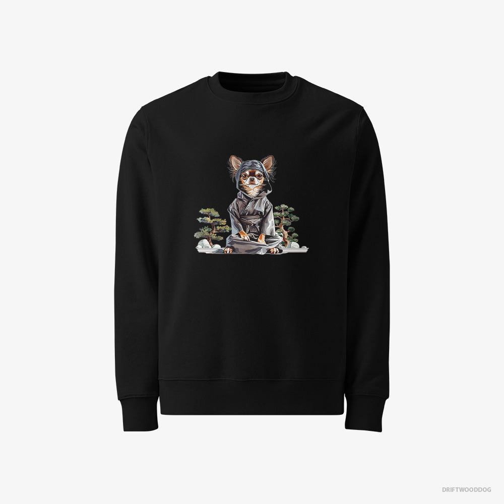 Chihuahua Sweatshirt – Men Black Sweatshirt Classic – Meditating Among Japanese Flora (on White Background)