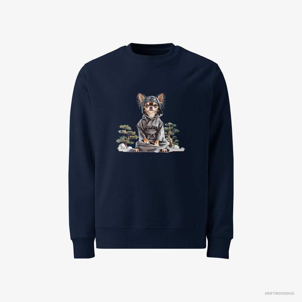 Chihuahua Sweatshirt – Men Navy Sweatshirt Classic – Meditating Among Japanese Flora (on White Background)