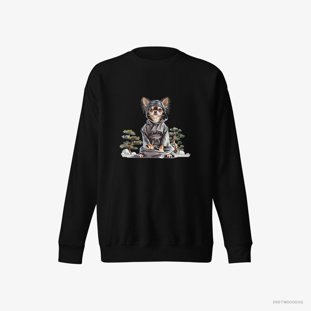 Chihuahua Sweatshirt – Women Black Sweatshirt Eco-Friendly – Meditating Among Japanese Flora (on White Background)