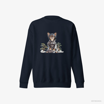 Chihuahua Sweatshirt – Men Navy Sweatshirt Eco-Friendly – Meditating Among Japanese Flora (on White Background)