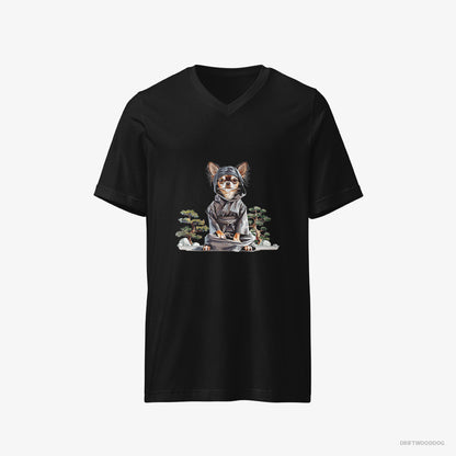 Chihuahua T-Shirt – Men Black T-Shirt V-Neck – Meditating Among Japanese Flora (on White Background)