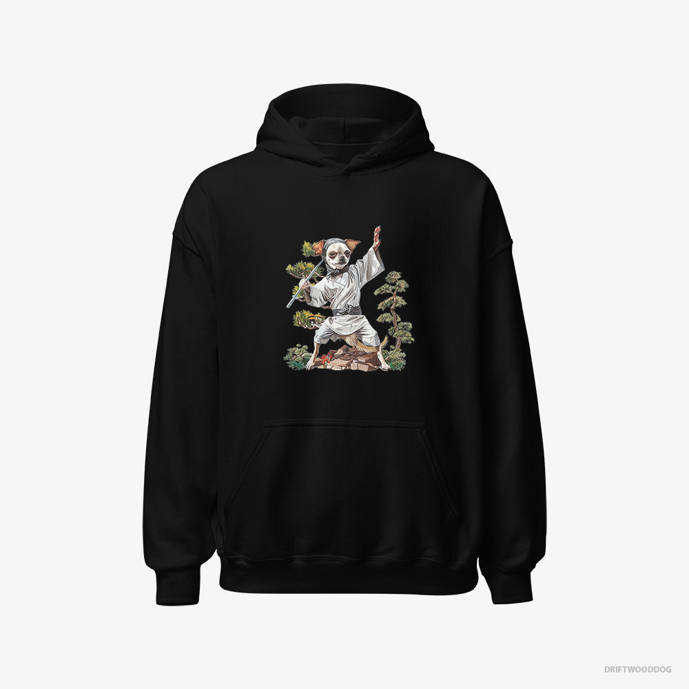 Chihuahua Hoodie – Men Black Hoodie Classic – Practicing Ninja Moves (on White Background)