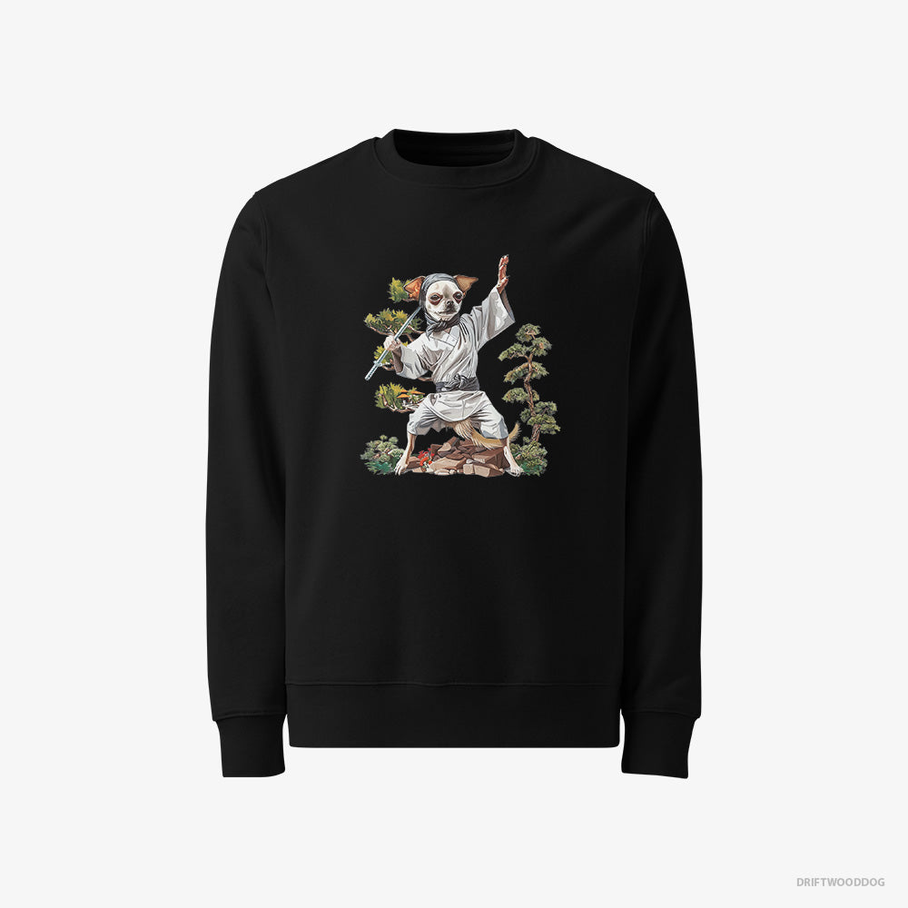 Chihuahua Sweatshirt – Men Black Sweatshirt Classic – Practicing Ninja Moves (on White Background)