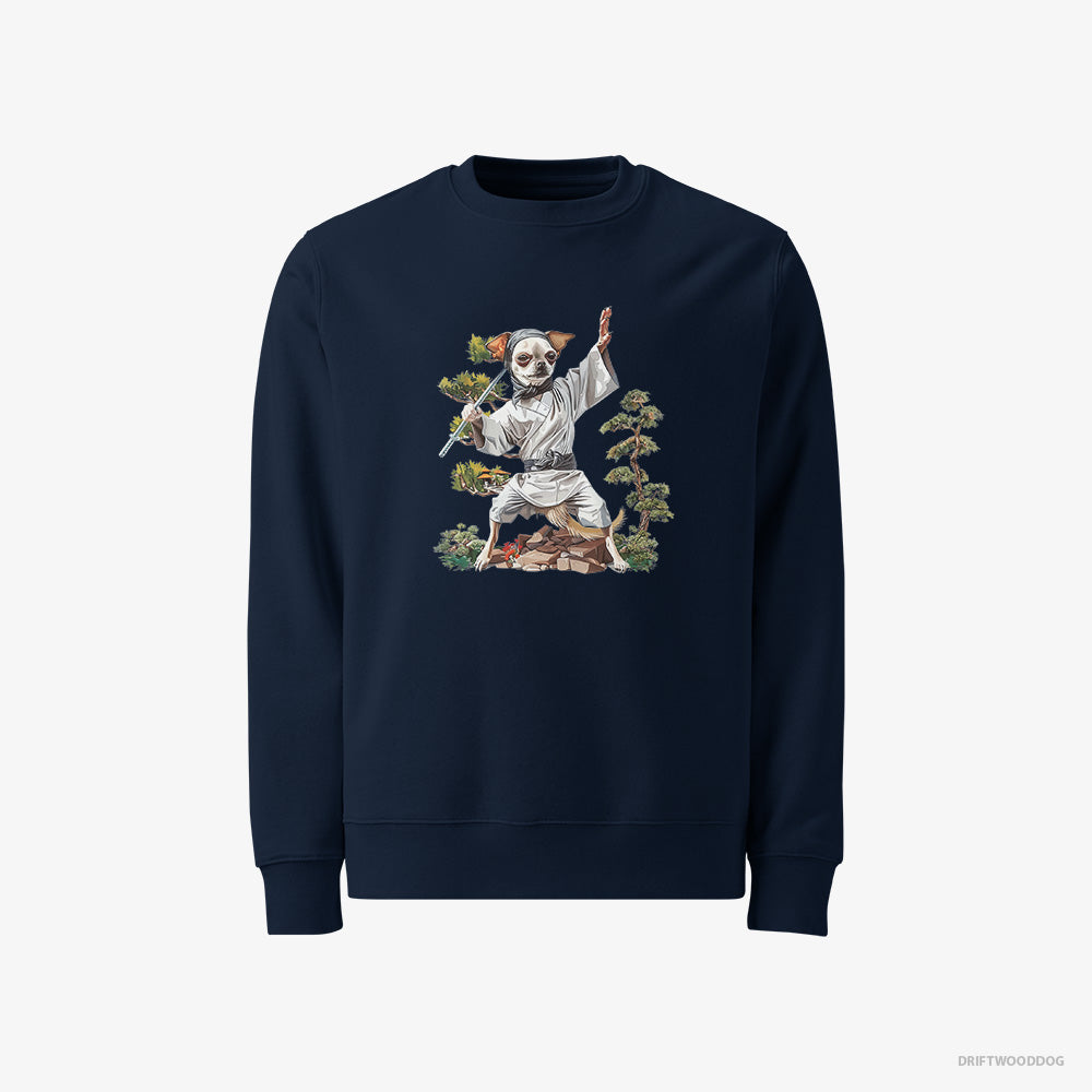 Chihuahua Sweatshirt – Men Navy Sweatshirt Classic – Practicing Ninja Moves (on White Background)