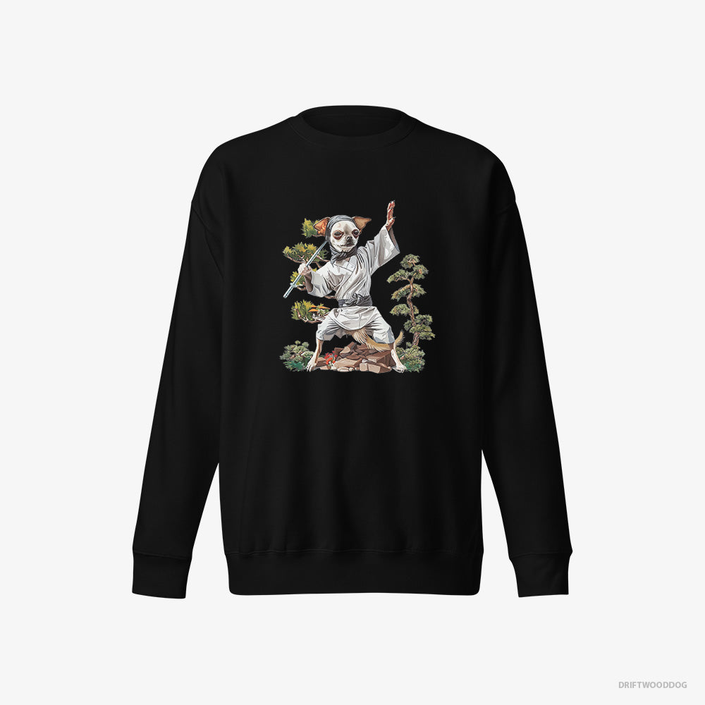 Chihuahua Sweatshirt – Men Black Sweatshirt Eco-Friendly – Practicing Ninja Moves (on White Background)