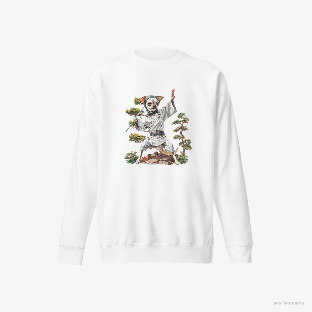 Chihuahua Sweatshirt – Men White Sweatshirt Eco-Friendly – Practicing Ninja Moves (on White Background)