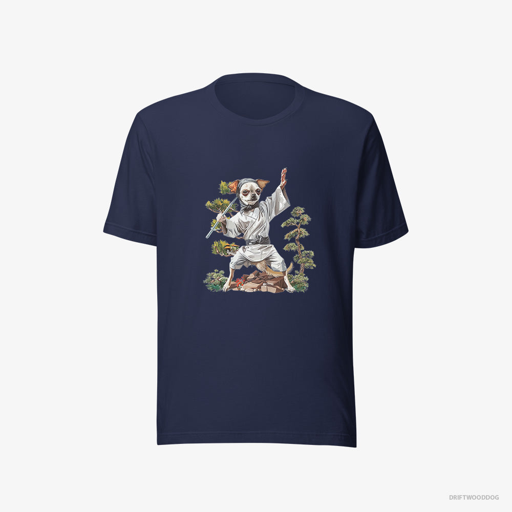 Chihuahua T-Shirt – Men Navy T-Shirt Eco-Friendly – Practicing Ninja Moves (on White Background)