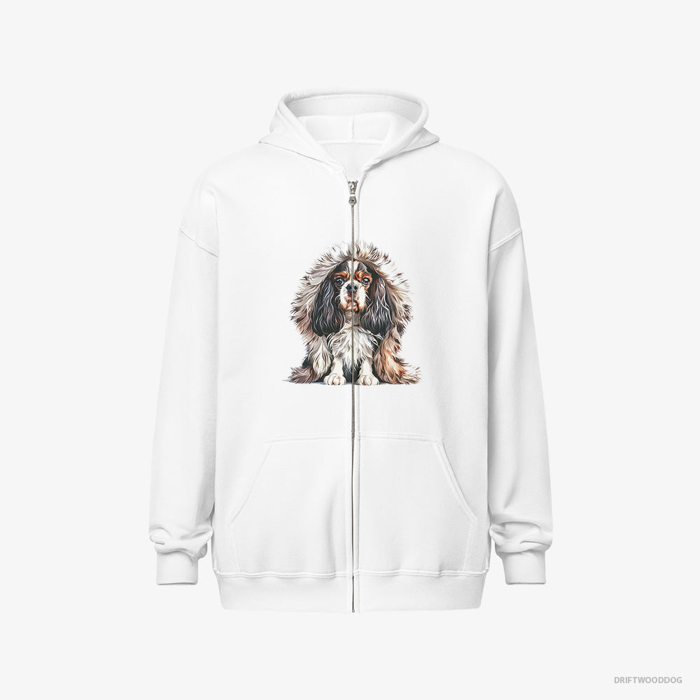 Cavalier King Charles Spaniel Hoodie – Men White Hoodie Full-Zip – in Furry Jacket (on White Background)