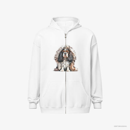 Cavalier King Charles Spaniel Hoodie – Men White Hoodie Full-Zip – in Furry Jacket (on White Background)