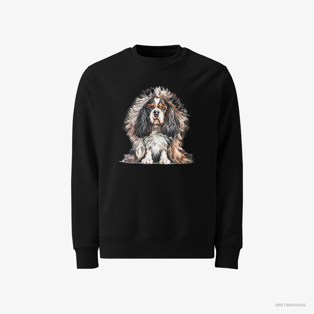 Cavalier King Charles Spaniel Sweatshirt – Men Black Sweatshirt Classic – in Furry Jacket (on White Background)