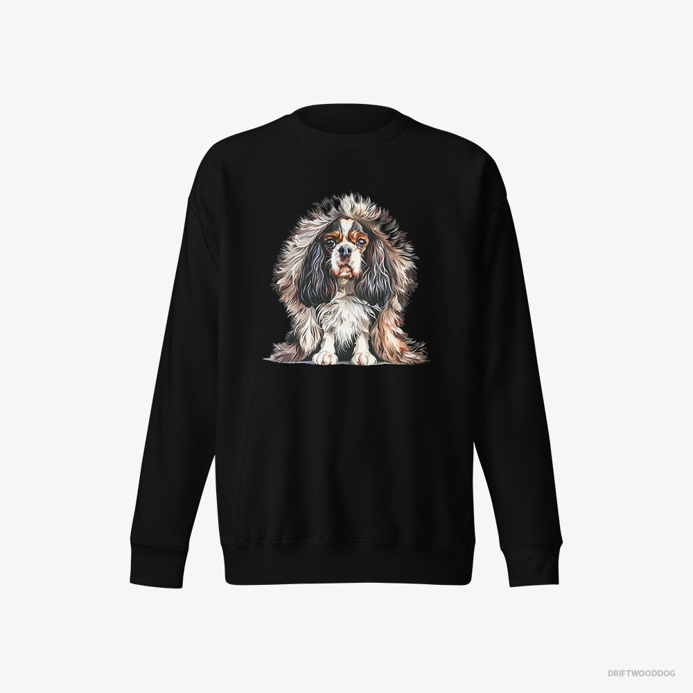 Cavalier King Charles Spaniel Sweatshirt – Men Black Sweatshirt Eco-Friendly – in Furry Jacket (on White Background)