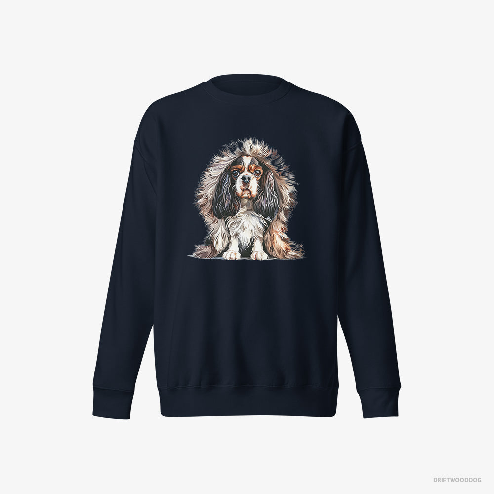 Cavalier King Charles Spaniel Sweatshirt – Women Navy Sweatshirt Eco-Friendly – in Furry Jacket (on White Background)