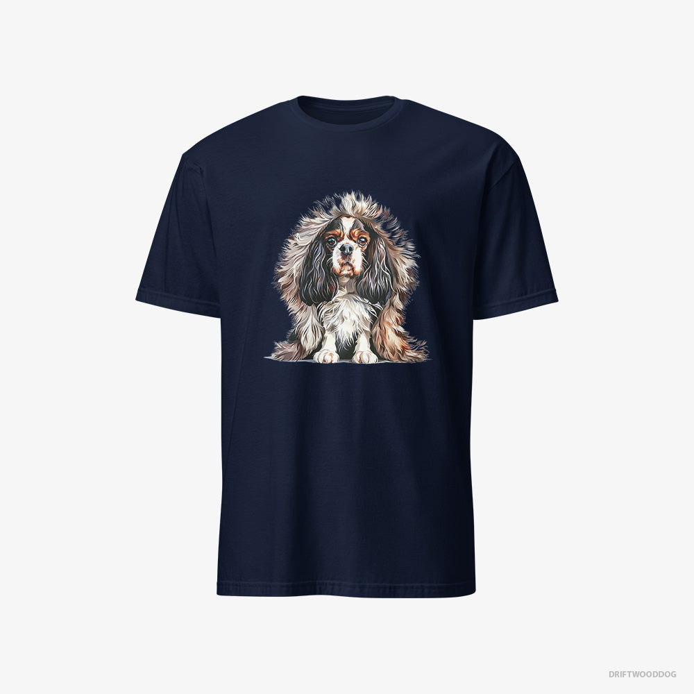 Cavalier King Charles Spaniel T-Shirt – Men Navy T-Shirt Classic – in Furry Jacket (on White Background)