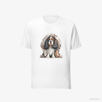 Cavalier King Charles Spaniel T-Shirt – Men White T-Shirt Eco-Friendly – in Furry Jacket (on White Background)