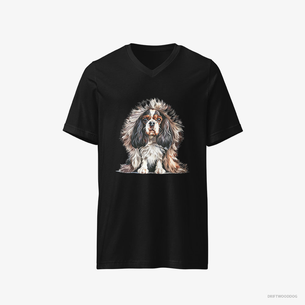 Cavalier King Charles Spaniel T-Shirt – Men Black T-Shirt V-Neck – in Furry Jacket (on White Background)