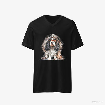 Cavalier King Charles Spaniel T-Shirt – Men Black T-Shirt V-Neck – in Furry Jacket (on White Background)