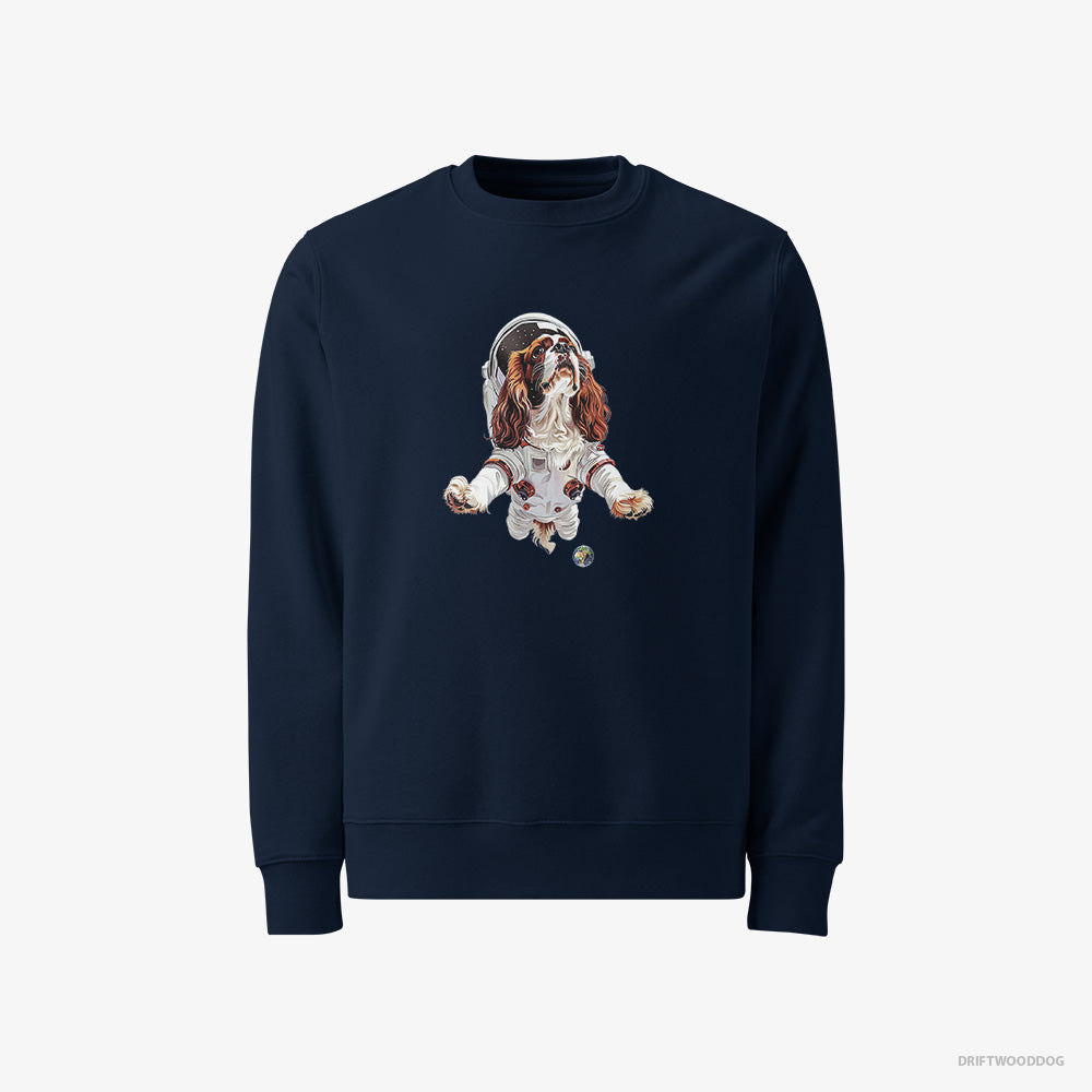 Cavalier King Charles Spaniel Sweatshirt – Men Navy Sweatshirt Classic – in a Galactic Expedition (on White Background)