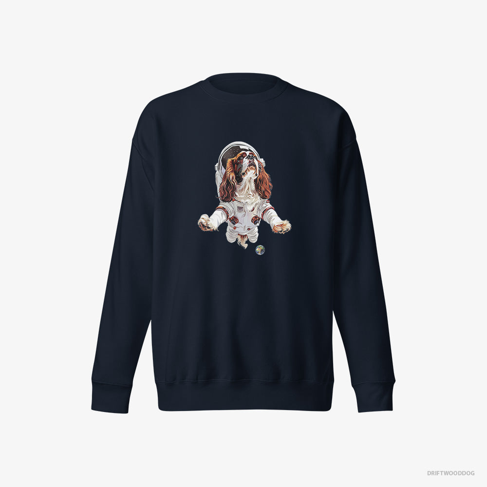 Cavalier King Charles Spaniel Sweatshirt – Women Navy Sweatshirt Eco-Friendly – in a Galactic Expedition (on White Background)