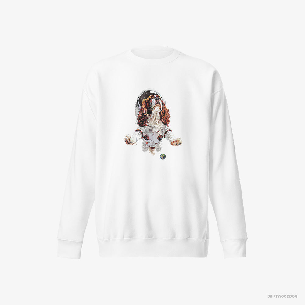 Cavalier King Charles Spaniel Sweatshirt – Women White Sweatshirt Eco-Friendly – in a Galactic Expedition (on White Background)