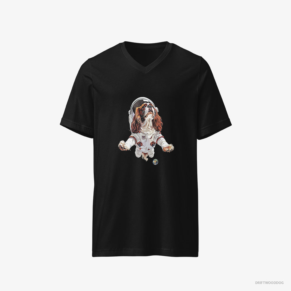 Cavalier King Charles Spaniel T-Shirt – Men Black T-Shirt V-Neck – in a Galactic Expedition (on White Background)