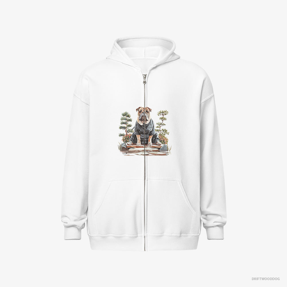 Bulldog Hoodie – Men White Hoodie Full-Zip – Finding Inner Peace in a Japanese Garden (on White Background)