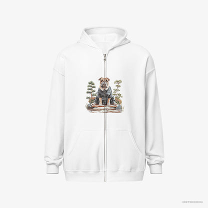 Bulldog Hoodie – Men White Hoodie Full-Zip – Finding Inner Peace in a Japanese Garden (on White Background)