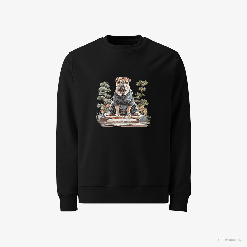 Bulldog Sweatshirt – Men Black Sweatshirt Classic – Finding Inner Peace in a Japanese Garden (on White Background)