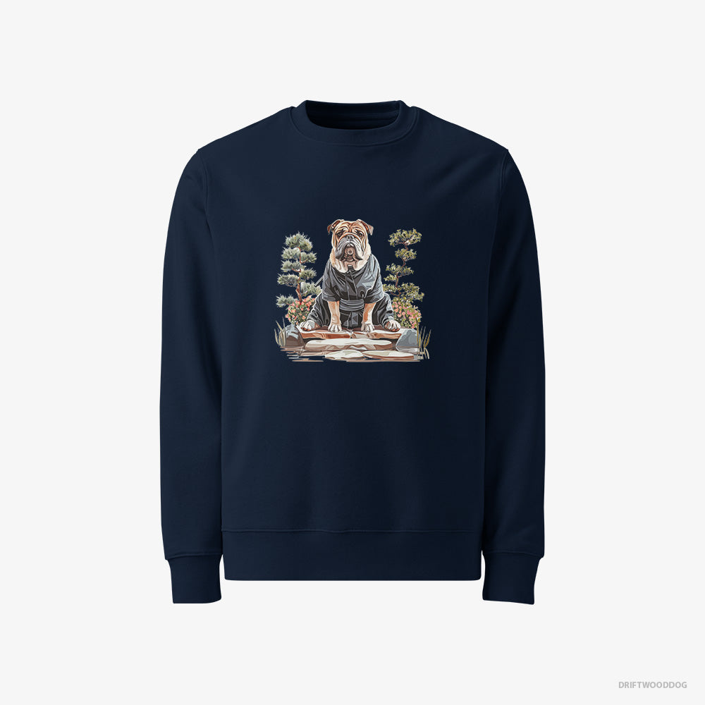 Bulldog Sweatshirt – Men Navy Sweatshirt Classic – Finding Inner Peace in a Japanese Garden (on White Background)