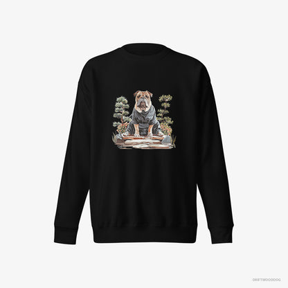 Bulldog Sweatshirt – Men Black Sweatshirt Eco-Friendly – Finding Inner Peace in a Japanese Garden (on White Background)