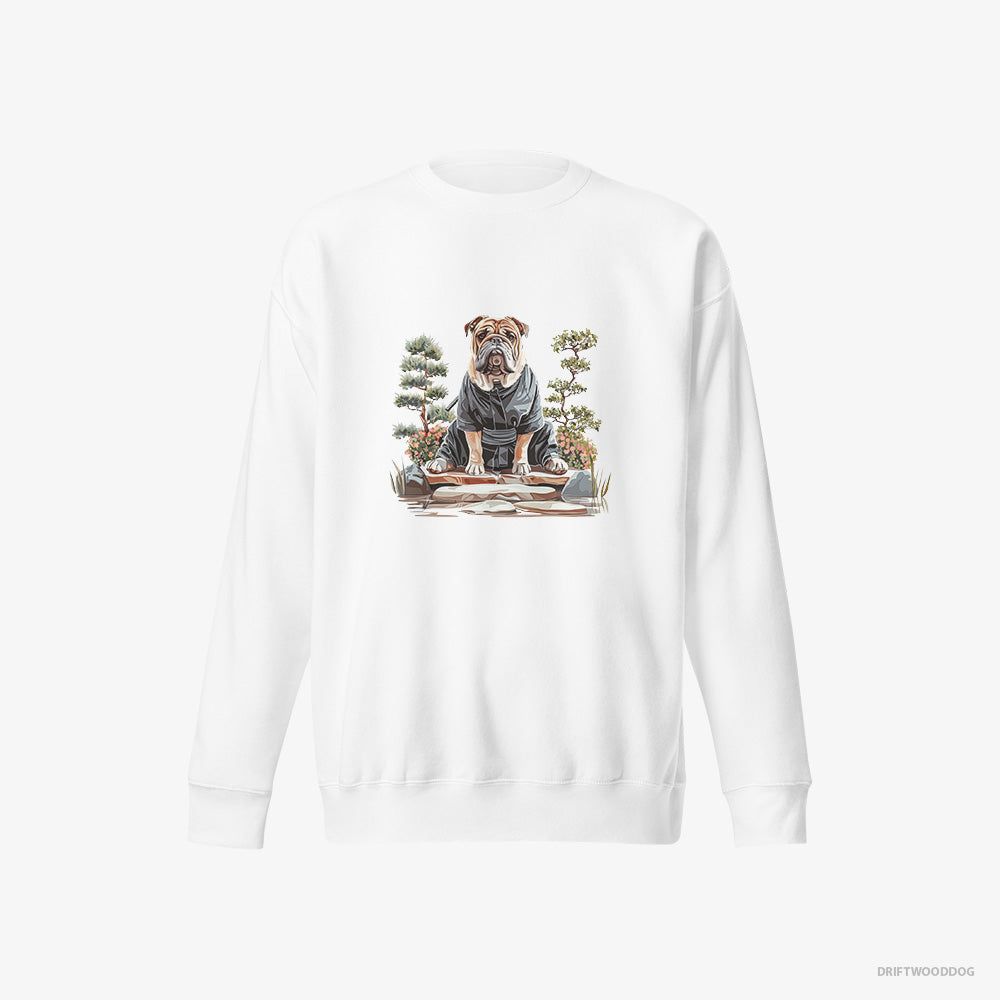 Bulldog Sweatshirt – Men White Sweatshirt Eco-Friendly – Finding Inner Peace in a Japanese Garden (on White Background)