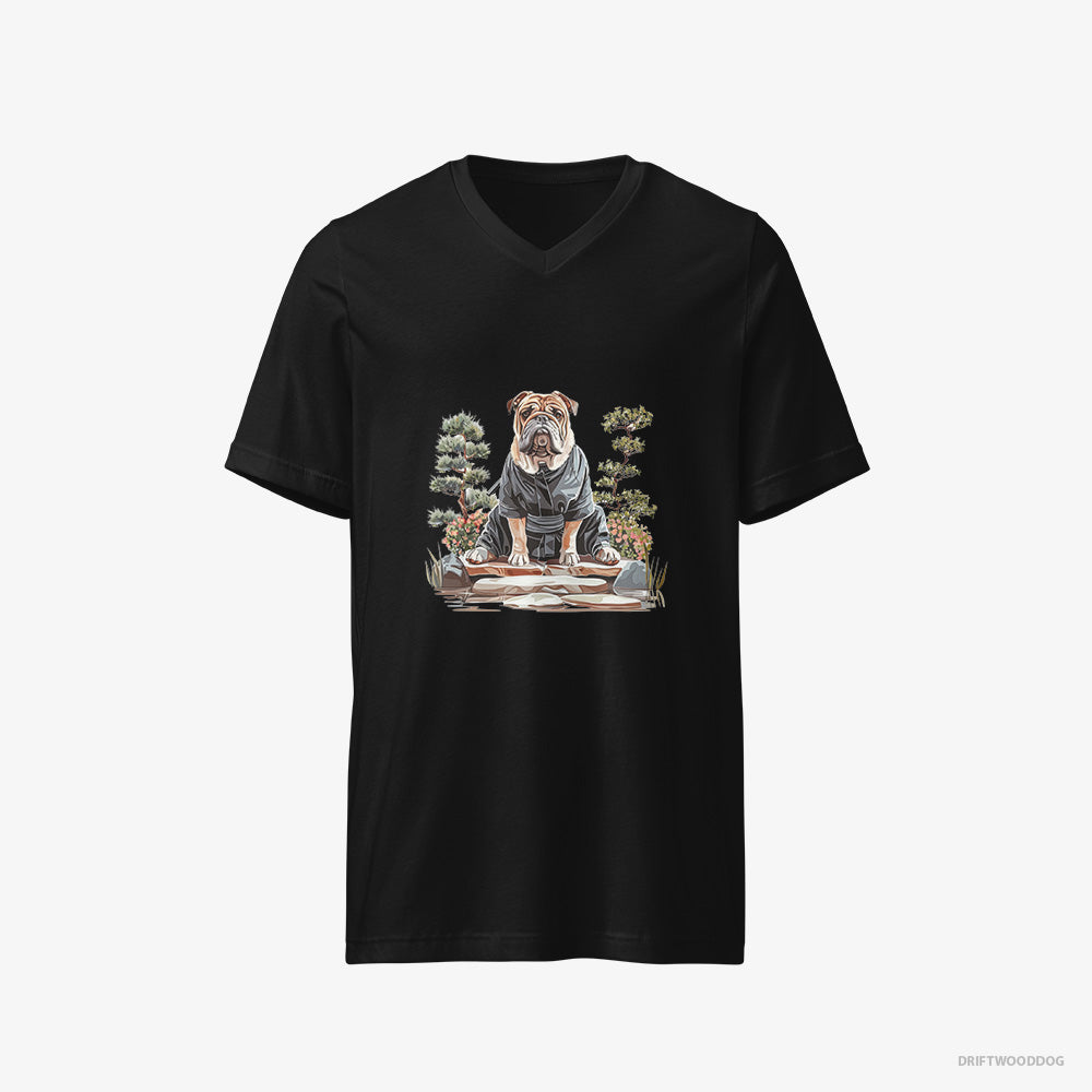 Bulldog T-Shirt – Men Black T-Shirt V-Neck – Finding Inner Peace in a Japanese Garden (on White Background)