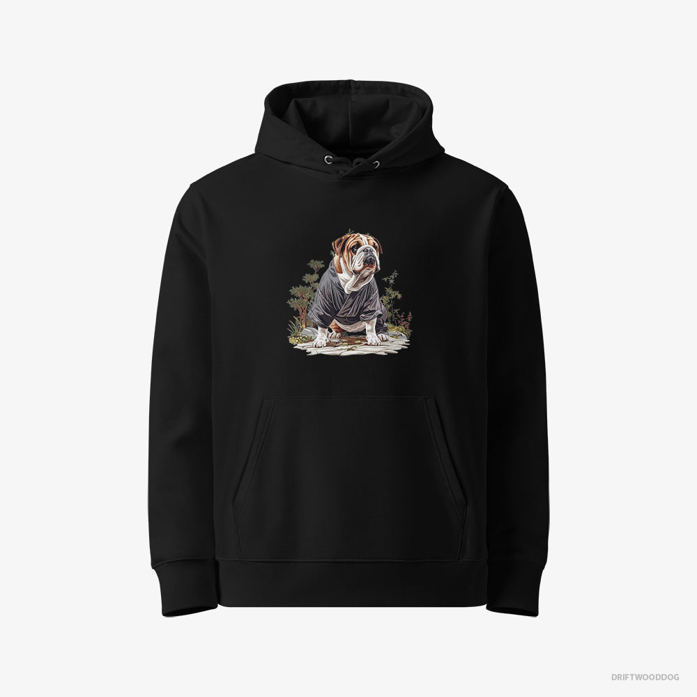 Bulldog Hoodie – Women Black Hoodie Eco-Friendly – in the Heart of a Japanese Garden (on White Background)