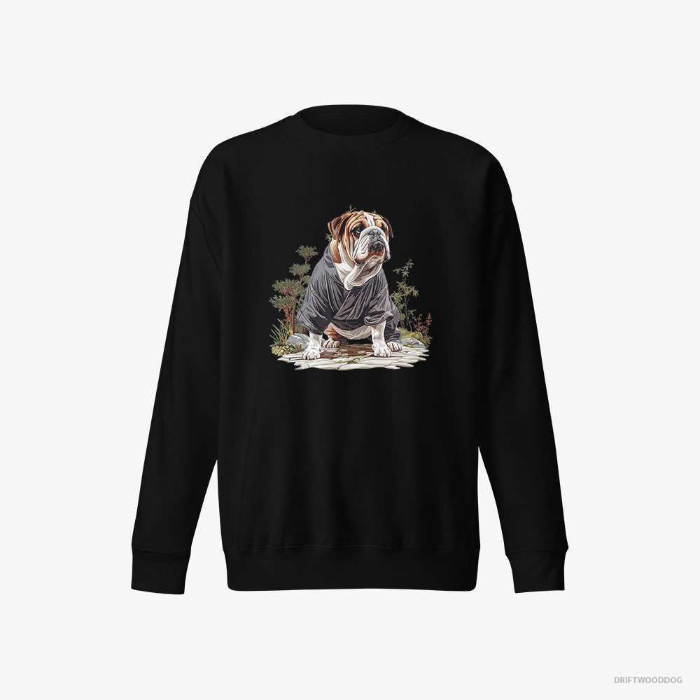 Bulldog Sweatshirt – Men Black Sweatshirt Eco-Friendly – in the Heart of a Japanese Garden (on White Background)