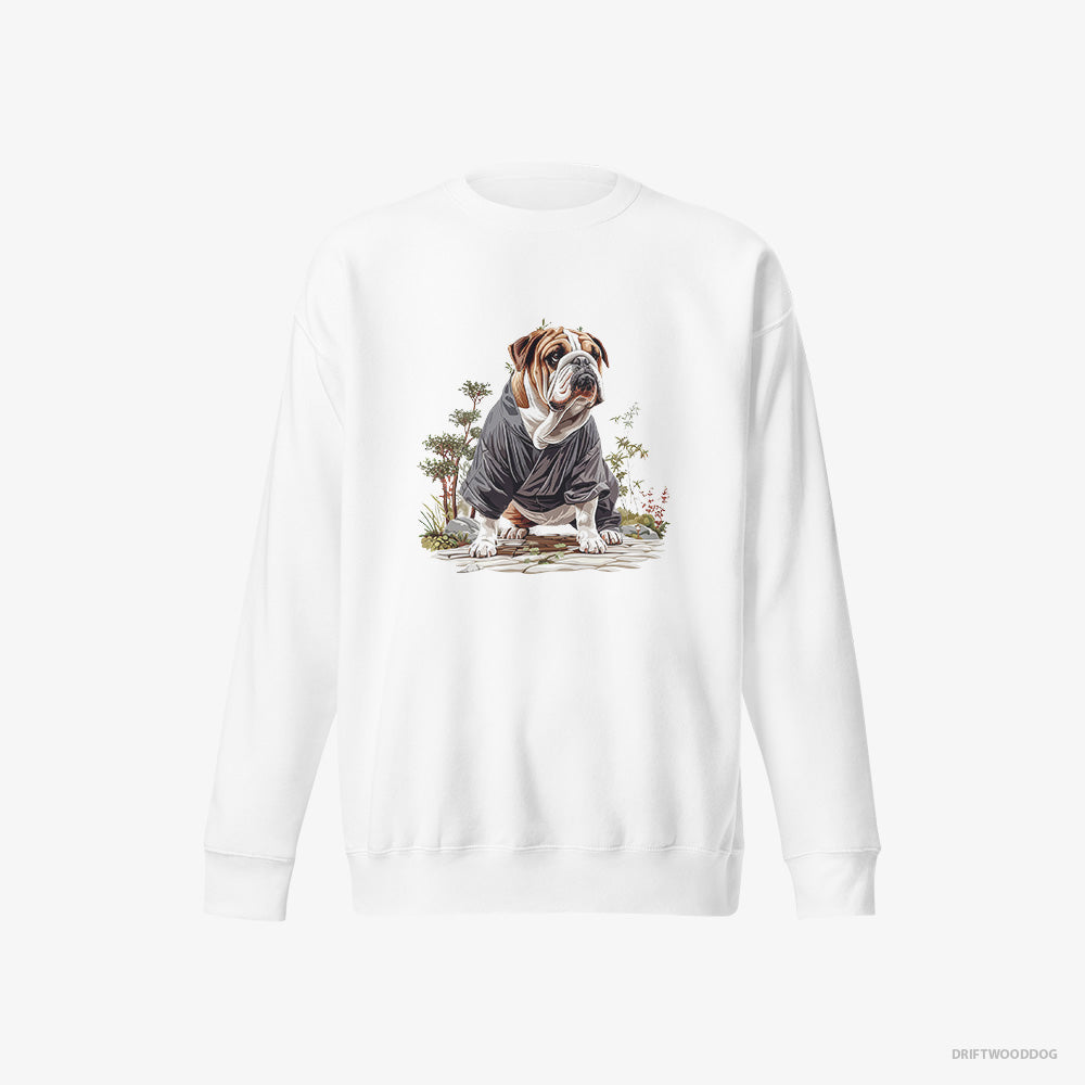 Bulldog Sweatshirt – Men White Sweatshirt Eco-Friendly – in the Heart of a Japanese Garden (on White Background)