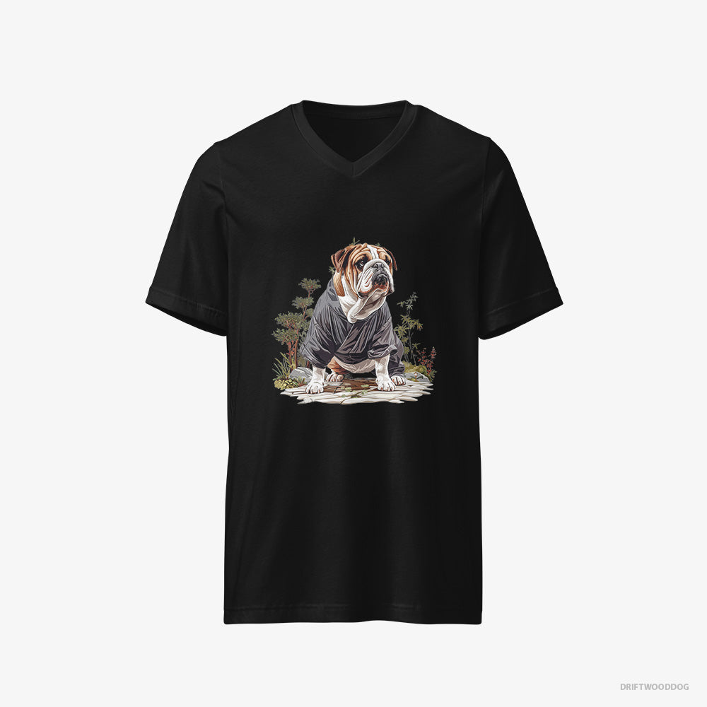 Bulldog T-Shirt – Men Black T-Shirt V-Neck – in the Heart of a Japanese Garden (on White Background)