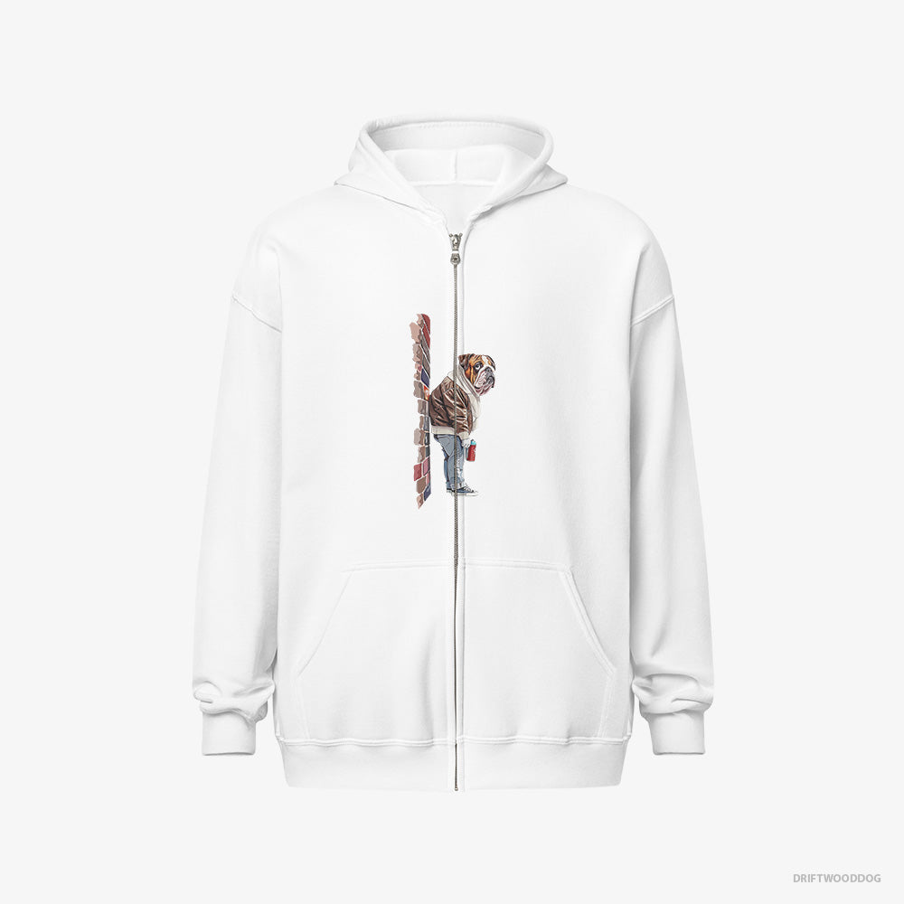 Bulldog Hoodie – Women White Hoodie Full-Zip – Making Street Art (on White Background)