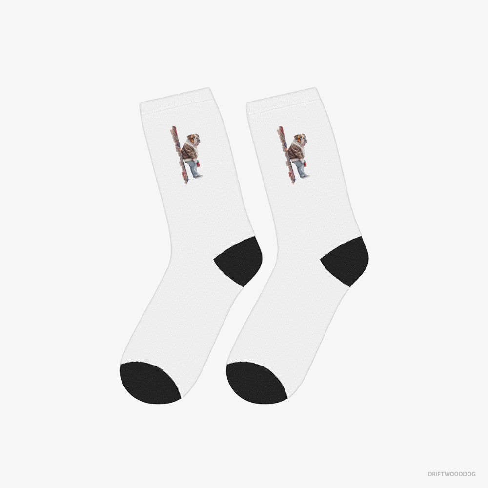 Bulldog Socks – Unisex White Socks Classic – Making Street Art (on White Background)