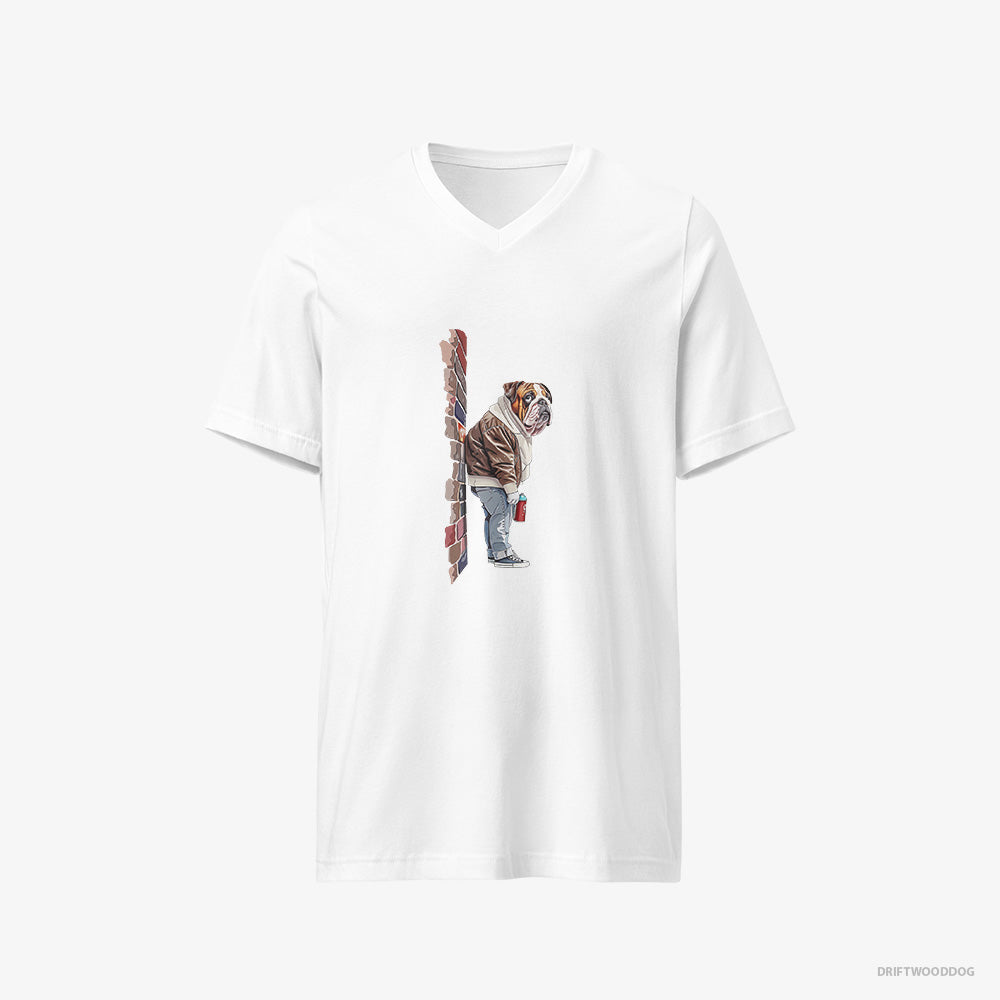 Bulldog T-Shirt – Women White T-Shirt V-Neck – Making Street Art (on White Background)