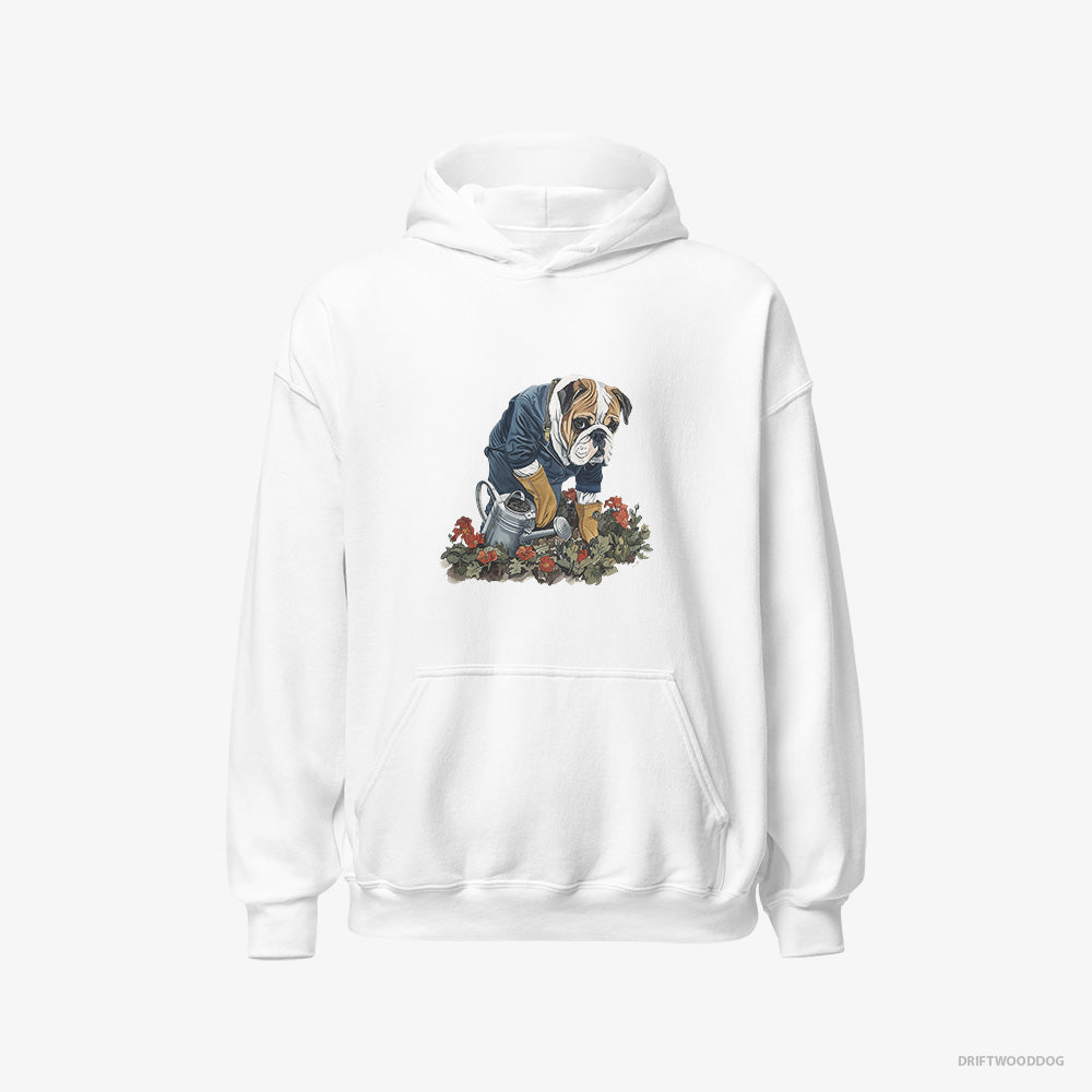 Bulldog Hoodie – Men White Hoodie Classic – Caring for Beautiful Flowers (on White Background)